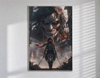 Anime warrior with red scarf and titan poster in a slim frame on a bright wall with soft window light