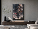 Anime warrior with red scarf and titan poster framed above a wood console in a concrete-wall living room