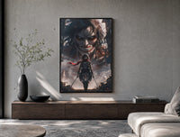 Anime warrior with red scarf and titan poster framed above a wood console in a concrete-wall living room