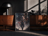 Black-framed Anime warrior with red scarf and titan print on a moody console with designer coffee-table books