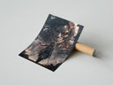 Rolled Anime warrior with red scarf and titan poster beside its crush-resistant kraft shipping tube