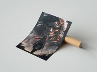 Rolled Anime warrior with red scarf and titan poster beside its crush-resistant kraft shipping tube