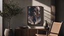 Anime warrior with red scarf and titan poster framed above a fluted sideboard beside an olive tree