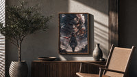 Anime warrior with red scarf and titan poster framed above a fluted sideboard beside an olive tree