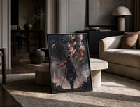 Anime warrior with red scarf and titan print in a black frame leaning on a travertine table in a sunlit lounge