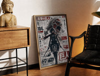 Brass-framed Female warrior with dual blades print leaning in a warm styled corner by a sculpture