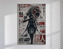 Female warrior with dual blades poster in a slim frame on a bright wall with soft window light