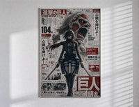 Female warrior with dual blades poster in a slim frame on a bright wall with soft window light