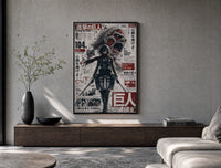 Female warrior with dual blades poster framed above a wood console in a concrete-wall living room