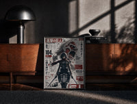 Black-framed Female warrior with dual blades print on a moody console with designer coffee-table books