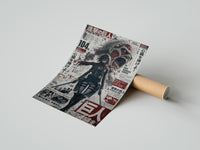 Rolled Female warrior with dual blades poster beside its crush-resistant kraft shipping tube