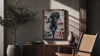 Female warrior with dual blades poster framed above a fluted sideboard beside an olive tree