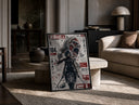 Female warrior with dual blades print in a black frame leaning on a travertine table in a sunlit lounge