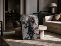 Female warrior with dual blades print in a black frame leaning on a travertine table in a sunlit lounge