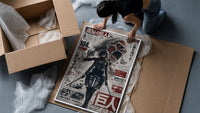 Female warrior with dual blades framed print being unpacked from protective bubble wrap and a box