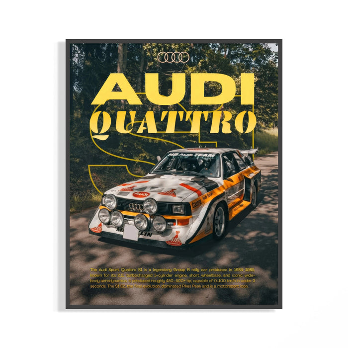 Black framed Audi rally poster with yellow Quattro typography over an S1 car on a forest road