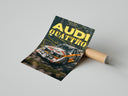 Audi Sport Quattro S1 Rally print laying flat next to brown cardboard shipping tube on grey surface