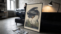 Great blue heron bird print in a slim black frame leaning on a dark sofa in a concrete print studio