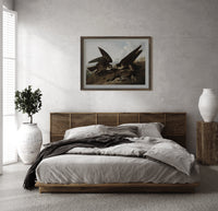 Two peregrine falcons with prey print in a dark wood frame above a rattan bed on a plaster wall