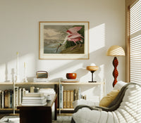 Roseate spoonbill wading bird print in an oak frame above a mid-century book console with a vintage radio