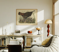 Female wild turkey with chicks print in an oak frame above a mid-century book console with a vintage radio