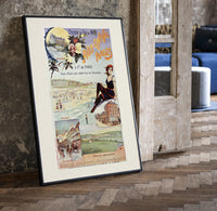 Woman in bathing suit at beach print in a black frame leaning beside a vintage door on parquet