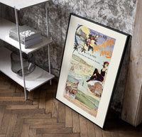 Woman in bathing suit at beach poster in a black frame leaning beside a shelf in a raw-plaster loft
