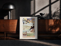 Black-framed woman in bathing suit at beach print on a moody console with designer coffee-table books