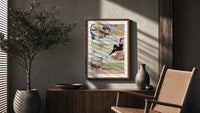 Woman in bathing suit at beach poster framed above a fluted sideboard beside an olive tree