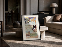 Woman in bathing suit at beach print in a black frame leaning on a travertine table in a sunlit lounge
