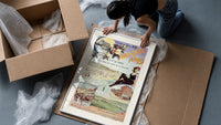 Woman in bathing suit at beach framed print being unpacked from protective bubble wrap and a box