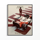 Ayrton Senna McLaren Championship Victory poster showing red and white Formula 1 car with driver walking away.