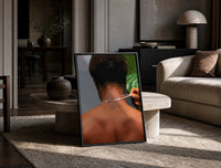 Back View Fastening a Necklace print on the floor, leaning against a travertine table