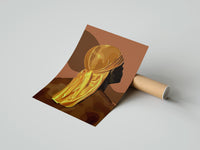 Gently curled Back View in a Gold Durag print beside its protective shipping tube