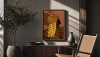 Back View in a Gold Durag poster framed above a fluted sideboard beside a potted tree