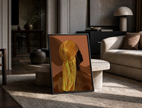 Back View in a Gold Durag print on the floor, leaning against a travertine table