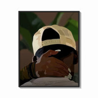 Framed Backwards Cap with an Embracing Hand print shown as a bold statement piece on a clean gallery wall