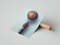 Gently curled Basketball Balanced on a Fingertip print beside its protective shipping tube