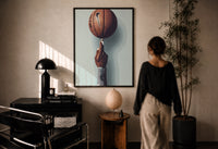 Basketball Balanced on a Fingertip print in a black frame on a sunlit plaster wall, a woman looking on beside a mushroom lamp