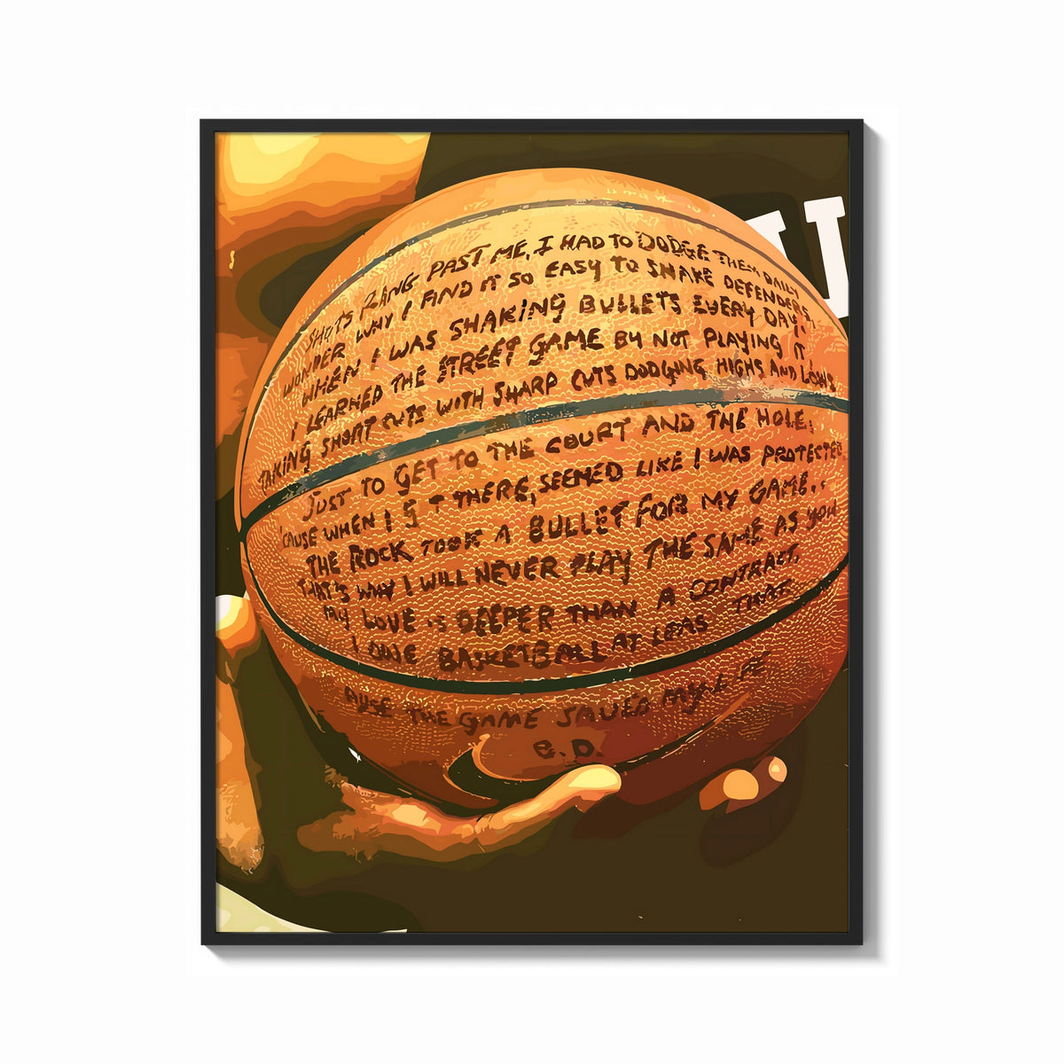 Framed Basketball Covered in Handwriting print shown as a bold statement piece on a clean gallery wall