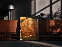 Black-framed Basketball Covered in Handwriting print on the floor in front of a dark wooden console