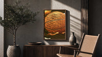Basketball Covered in Handwriting poster framed above a fluted sideboard beside a potted tree