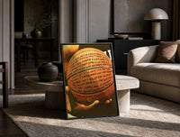 Basketball Covered in Handwriting print on the floor, leaning against a travertine table