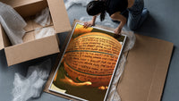 Basketball Covered in Handwriting framed print being unpacked from protective bubble wrap and a box