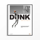 Basketball Dunk Motivation poster print in black frame featuring monochromatic photography with slam dunk action