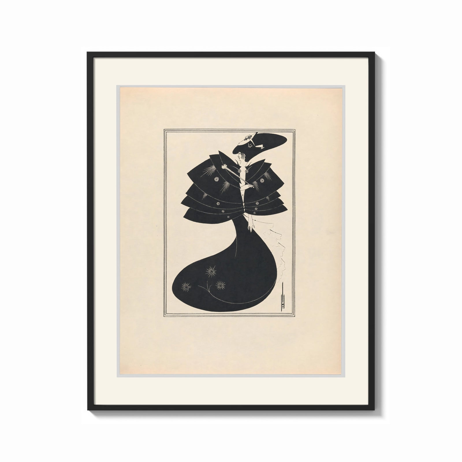 Framed Woman in black gown and hat print shown as a bold statement piece on a clean gallery wall