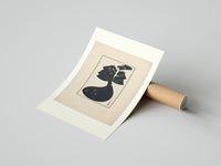 Rolled Woman in black gown and hat poster beside its crush-resistant kraft shipping tube