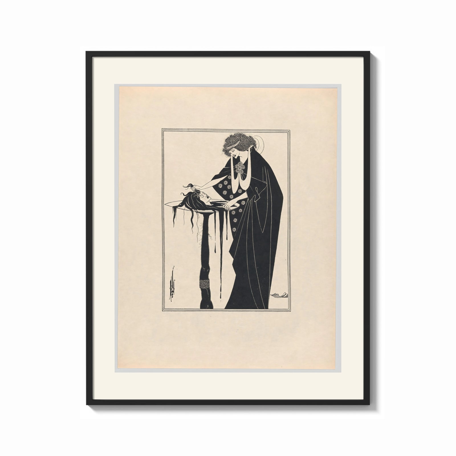 Framed Woman holding severed head print shown as a bold statement piece on a clean gallery wall