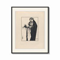 Framed Woman holding severed head print shown as a bold statement piece on a clean gallery wall