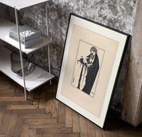 Woman holding severed head poster in a black frame leaning beside a shelf in a raw-plaster loft
